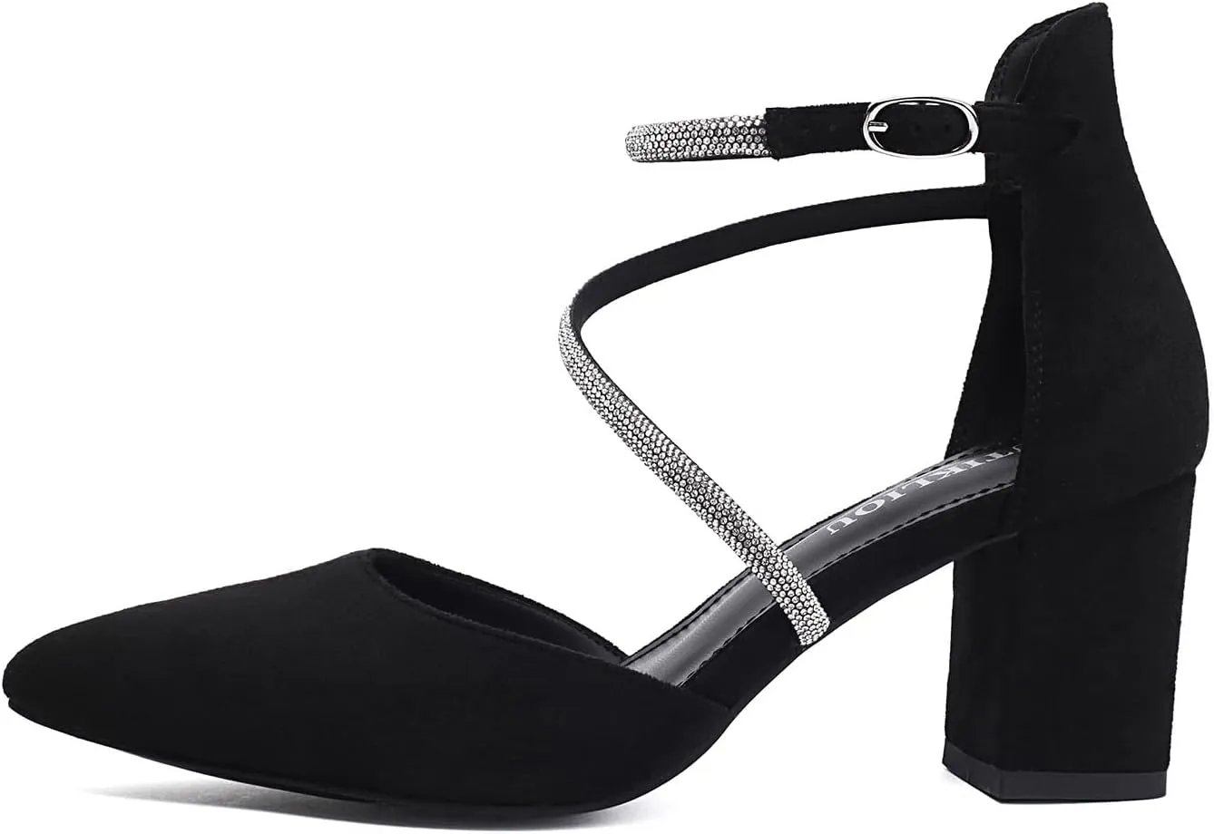 UTIKLIOU Women's Chunky Heels Pump Shoes Rhinestone Ankle Strap Pointed Toe Pumps Wedding Party Formal Dress Block Heel Shoes