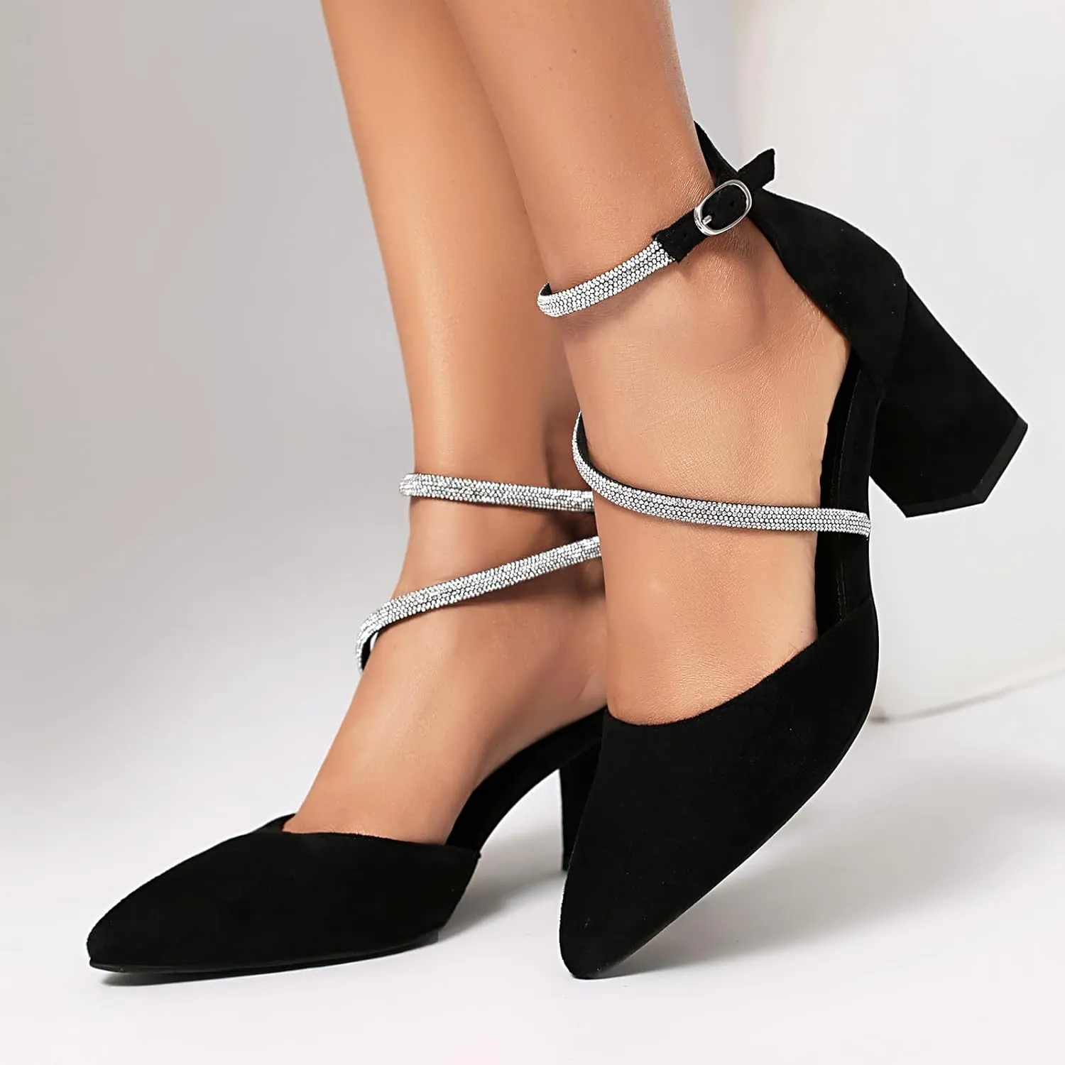 UTIKLIOU Women's Chunky Heels Pump Shoes Rhinestone Ankle Strap Pointed Toe Pumps Wedding Party Formal Dress Block Heel Shoes