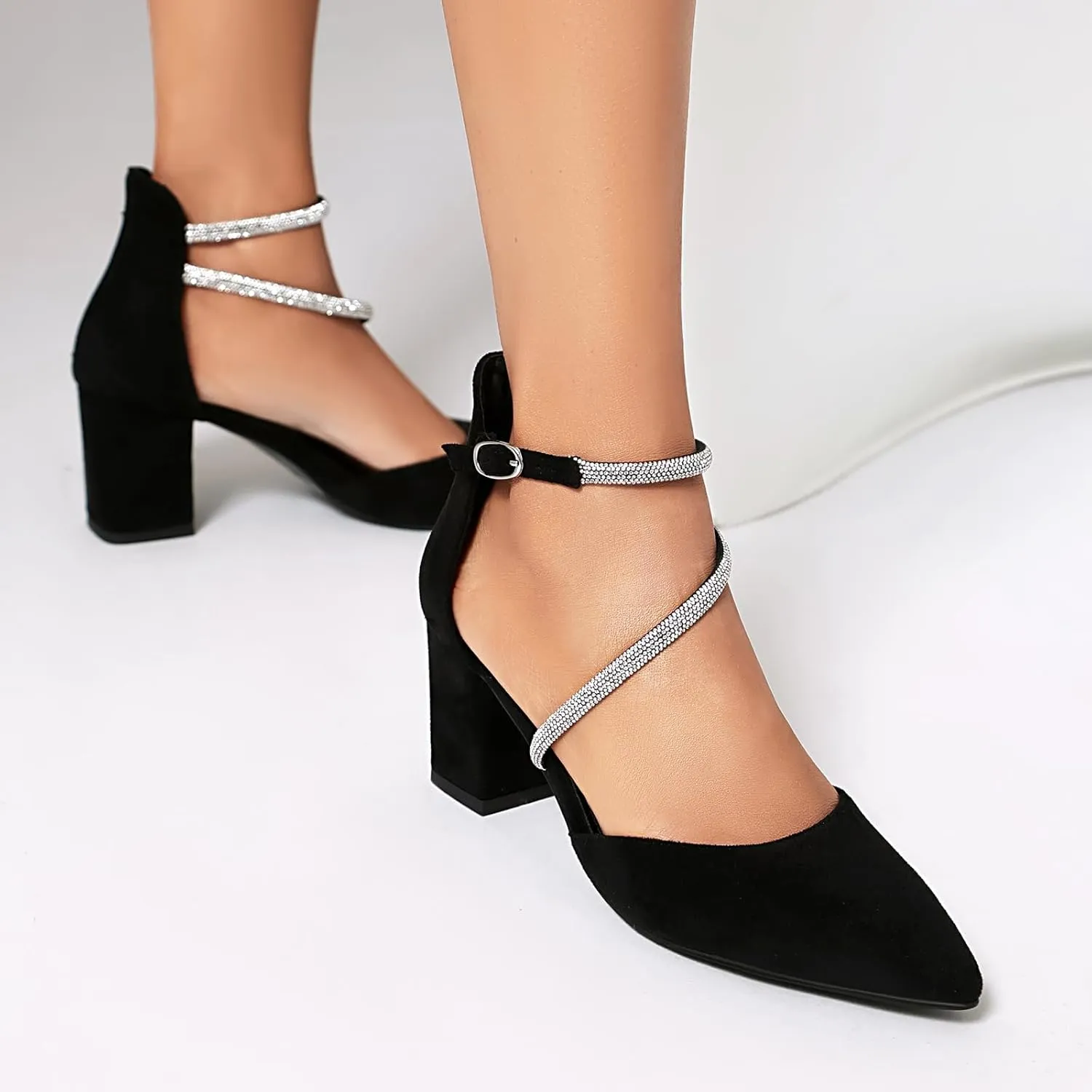 UTIKLIOU Women's Chunky Heels Pump Shoes Rhinestone Ankle Strap Pointed Toe Pumps Wedding Party Formal Dress Block Heel Shoes