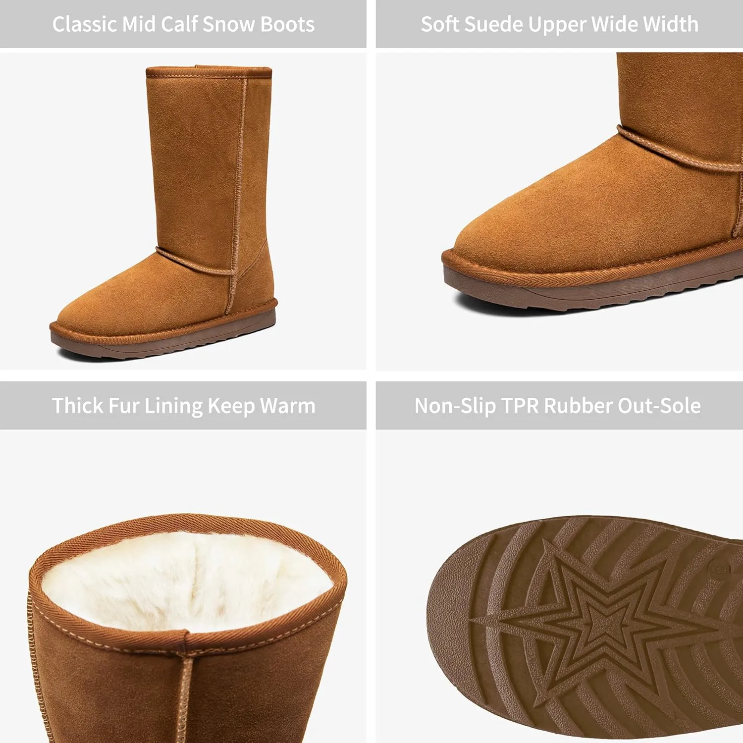 Vepose Women's Winter Snow Boots Warm Fur Mid Calf Tall Suede Fuzzy Slip on Shoes