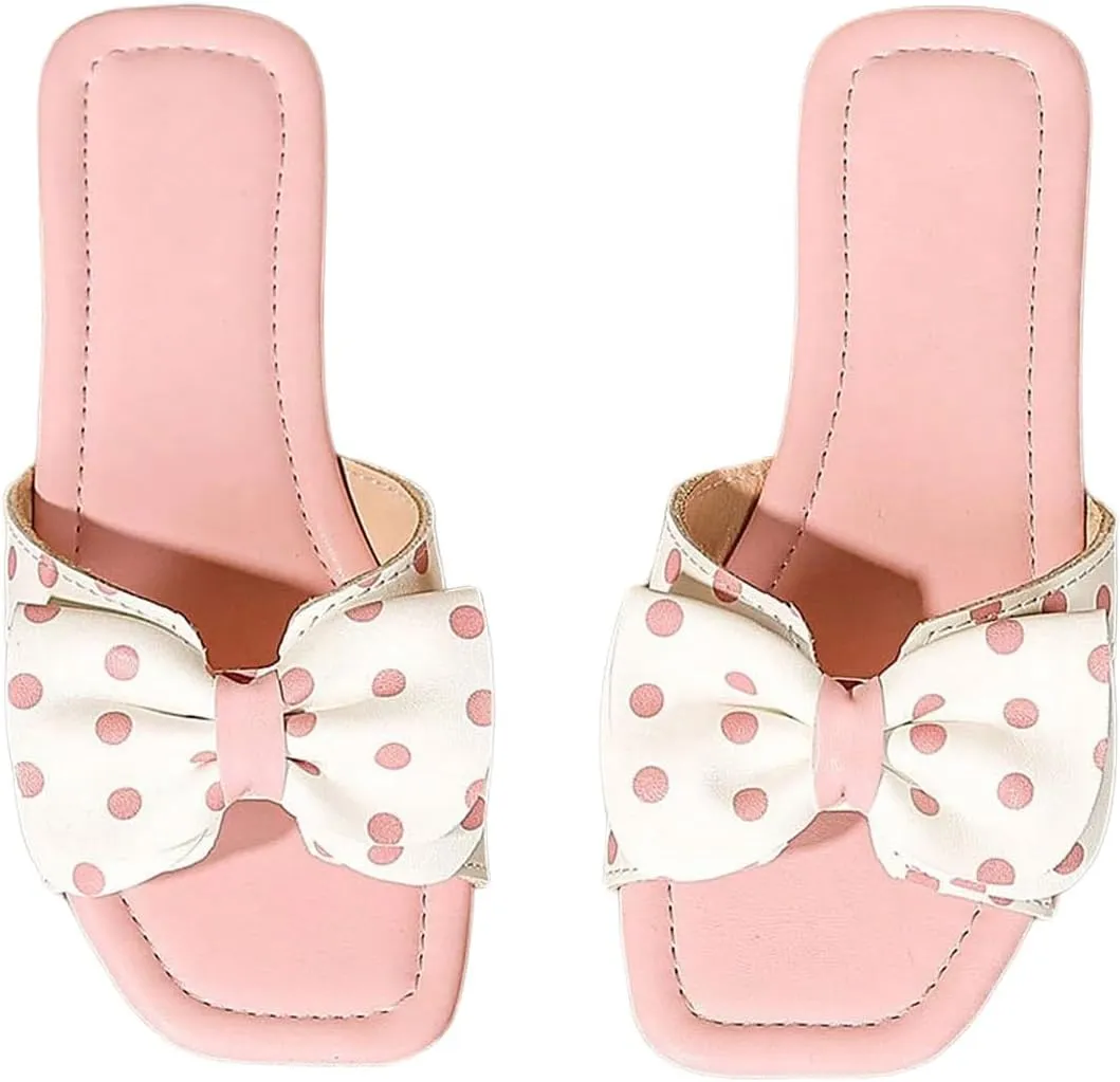 Verdusa Girl's Polka Dots Bow Flat Sandal Square Open Toe Slide Sandals
