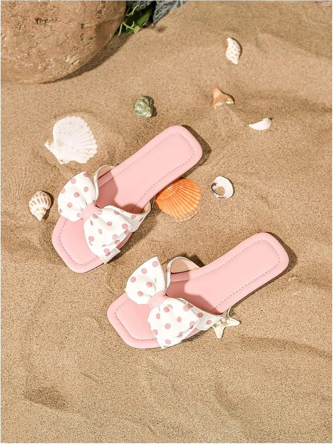Verdusa Girl's Polka Dots Bow Flat Sandal Square Open Toe Slide Sandals