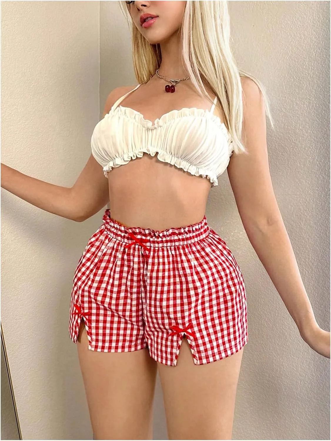 Verdusa Women's Slit Hem Paperbag Waist Plaid Print Shorts