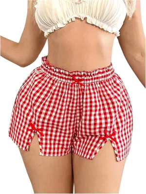 Verdusa Women's Slit Hem Paperbag Waist Plaid Print Shorts