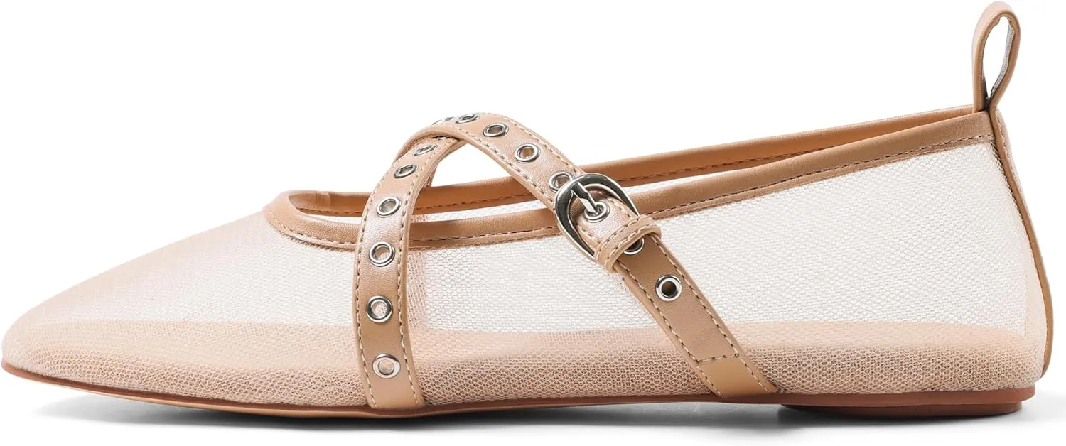 VIMISAOI Leopard Flats for Women Mesh Ballet Flats with Strappy Fishnet Buckle Round Toe Mary Jane Ballerina Shoes Dress Shoes