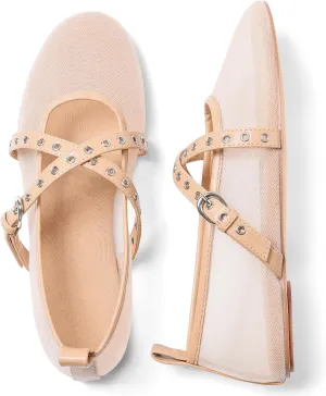 VIMISAOI Leopard Flats for Women Mesh Ballet Flats with Strappy Fishnet Buckle Round Toe Mary Jane Ballerina Shoes Dress Shoes