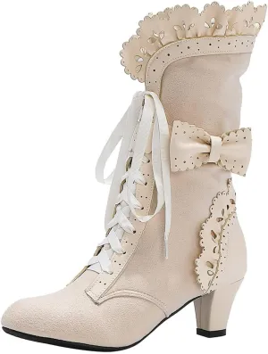 Vintage Chunky Heel Dress Mid Calf Short Booties for Womens Sweet Bow Boots Mid Heels Lace Up Victorian Boots Kawaii Boot