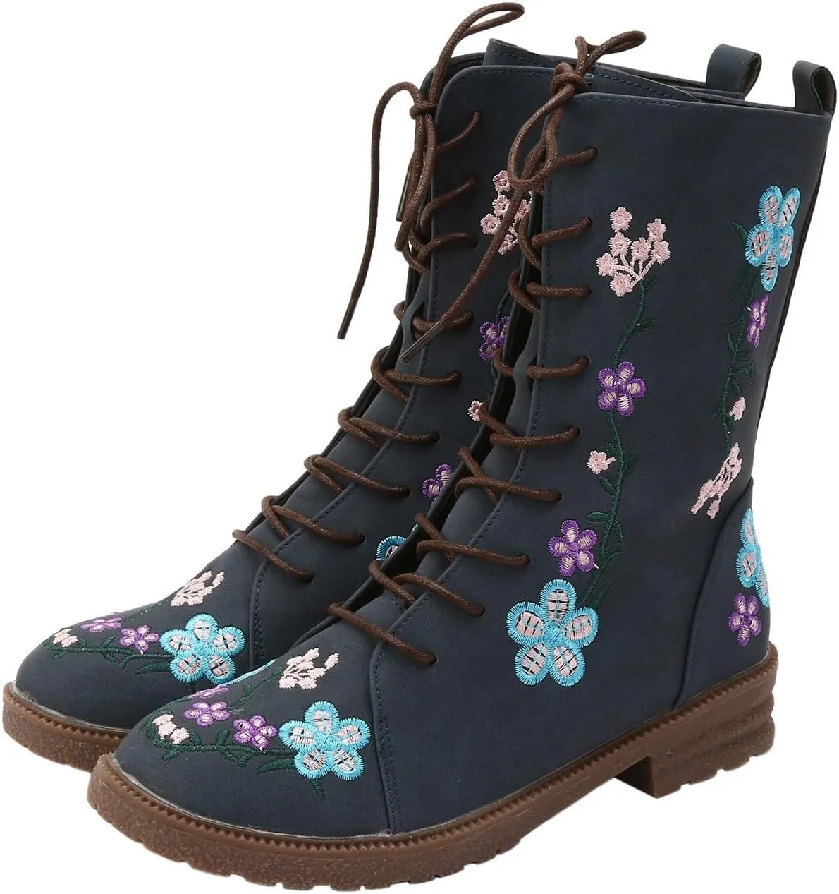 Vintage Combat Boots for Women - Floral Embroidered Suede - Lace Up Low Heel Riding Ankle Booties - 2024 Fall Winter Boots
