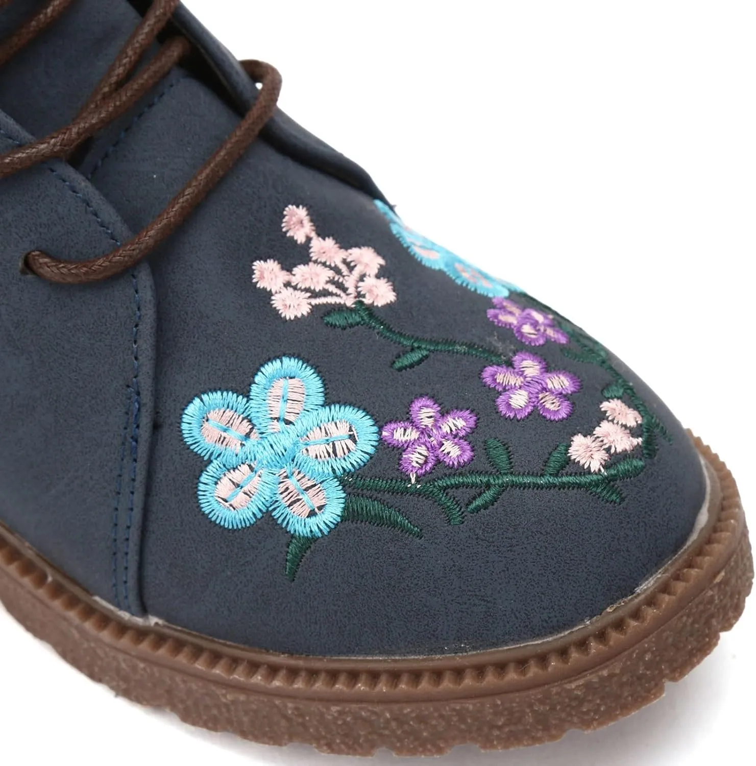Vintage Combat Boots for Women - Floral Embroidered Suede - Lace Up Low Heel Riding Ankle Booties - 2024 Fall Winter Boots