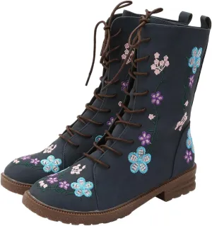 Vintage Combat Boots for Women - Floral Embroidered Suede - Lace Up Low Heel Riding Ankle Booties - 2024 Fall Winter Boots