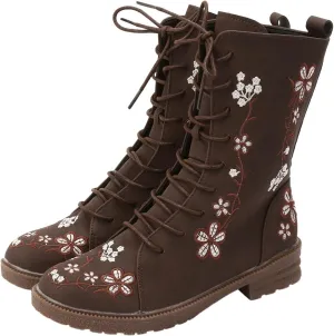 Vintage Combat Boots for Women - Floral Embroidered Suede - Lace Up Low Heel Riding Ankle Booties - 2024 Fall Winter Boots