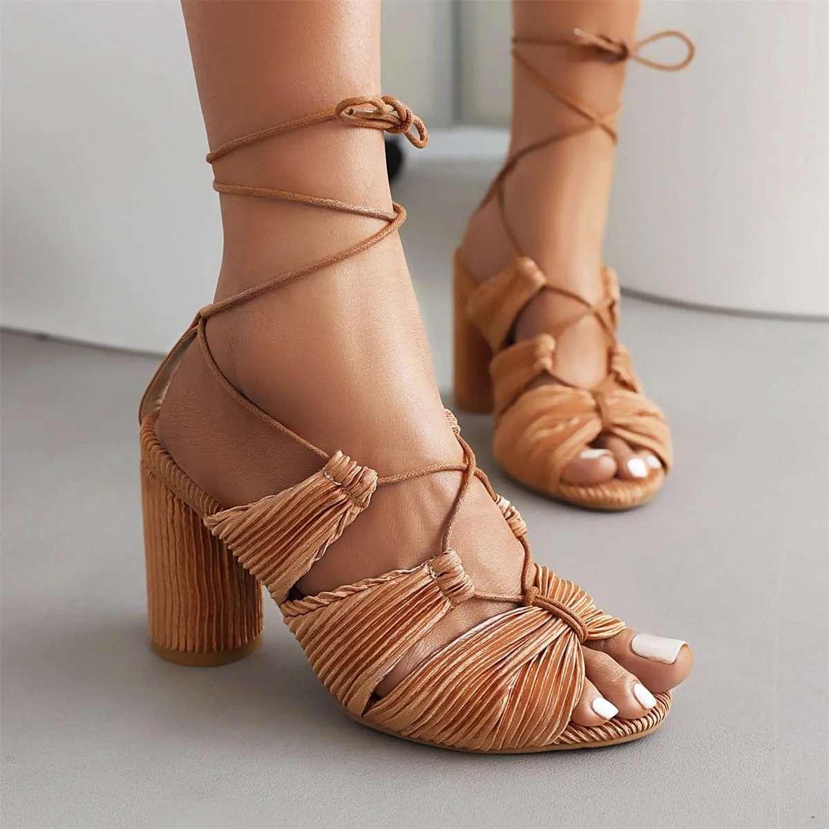 Vintage Strappy Velvet Lace Up Open Toe Sandals with Block Heel High Heel Sandals for Any Occasion