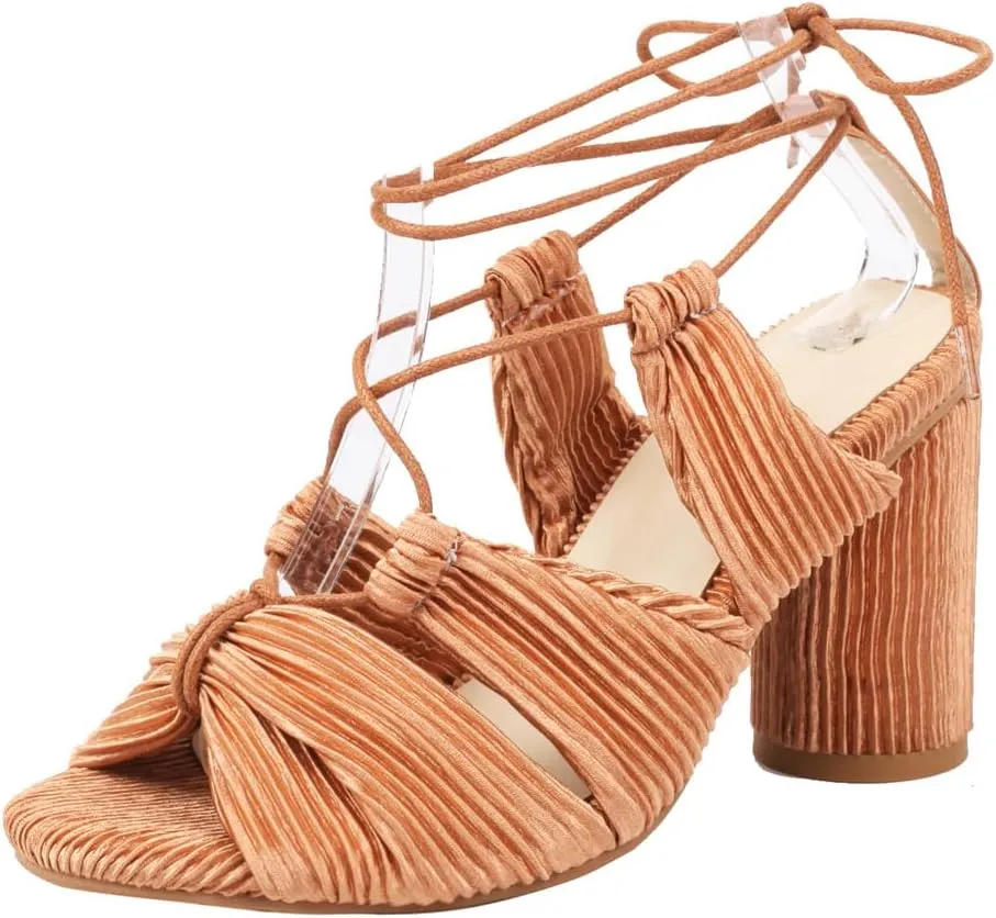 Vintage Strappy Velvet Lace Up Open Toe Sandals with Block Heel High Heel Sandals for Any Occasion