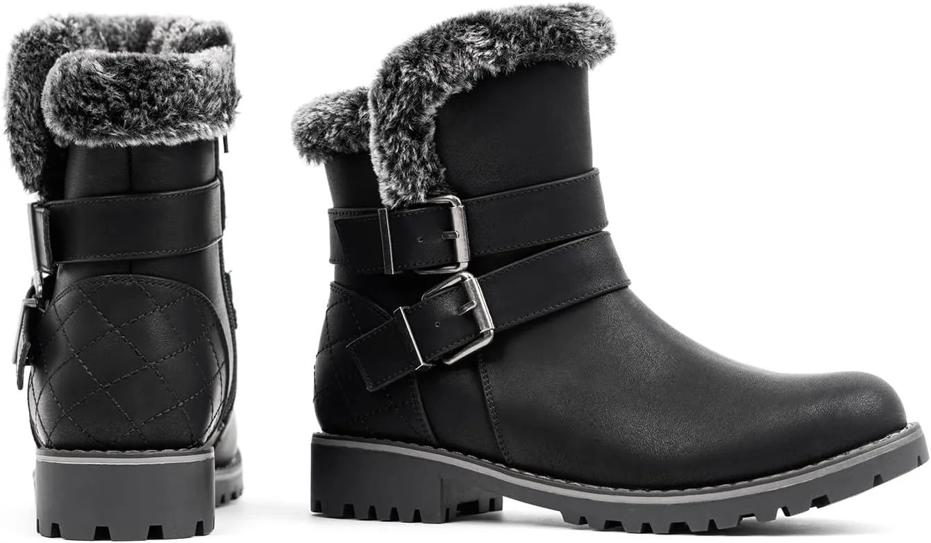 VJH confort Women's Mid Calf Boots, Slouchy Buckle Straps Side Zipper Comfy Low Heel Closed Toe Booties