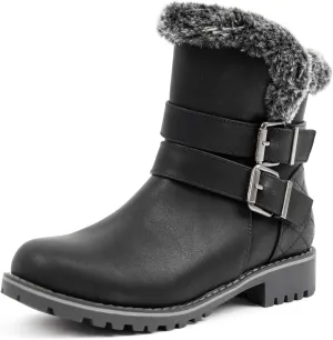 VJH confort Women's Mid Calf Boots, Slouchy Buckle Straps Side Zipper Comfy Low Heel Closed Toe Booties