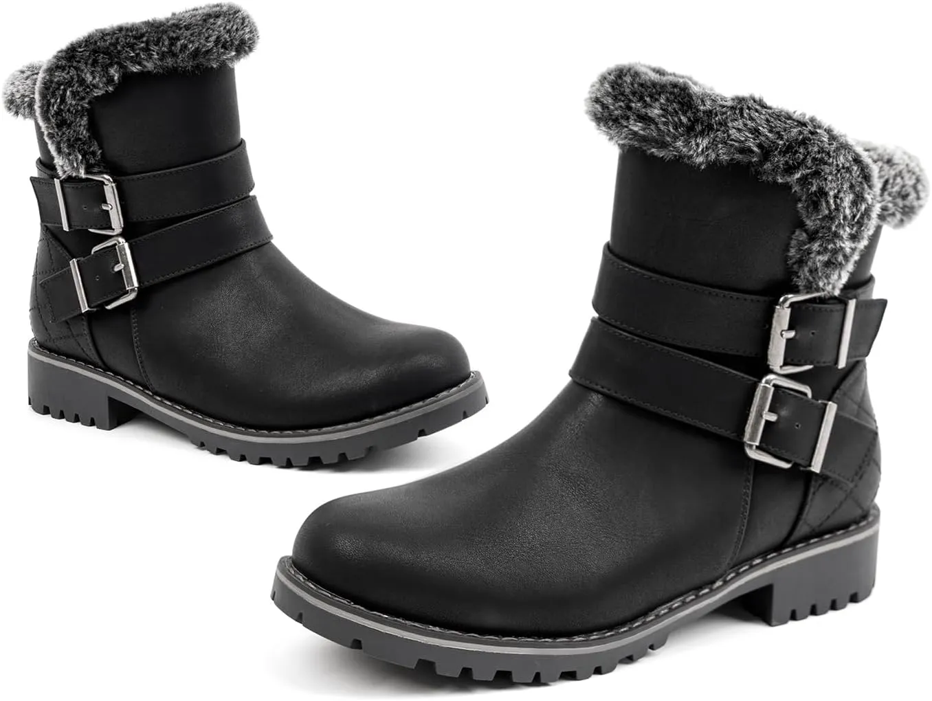 VJH confort Women's Mid Calf Boots, Slouchy Buckle Straps Side Zipper Comfy Low Heel Closed Toe Booties