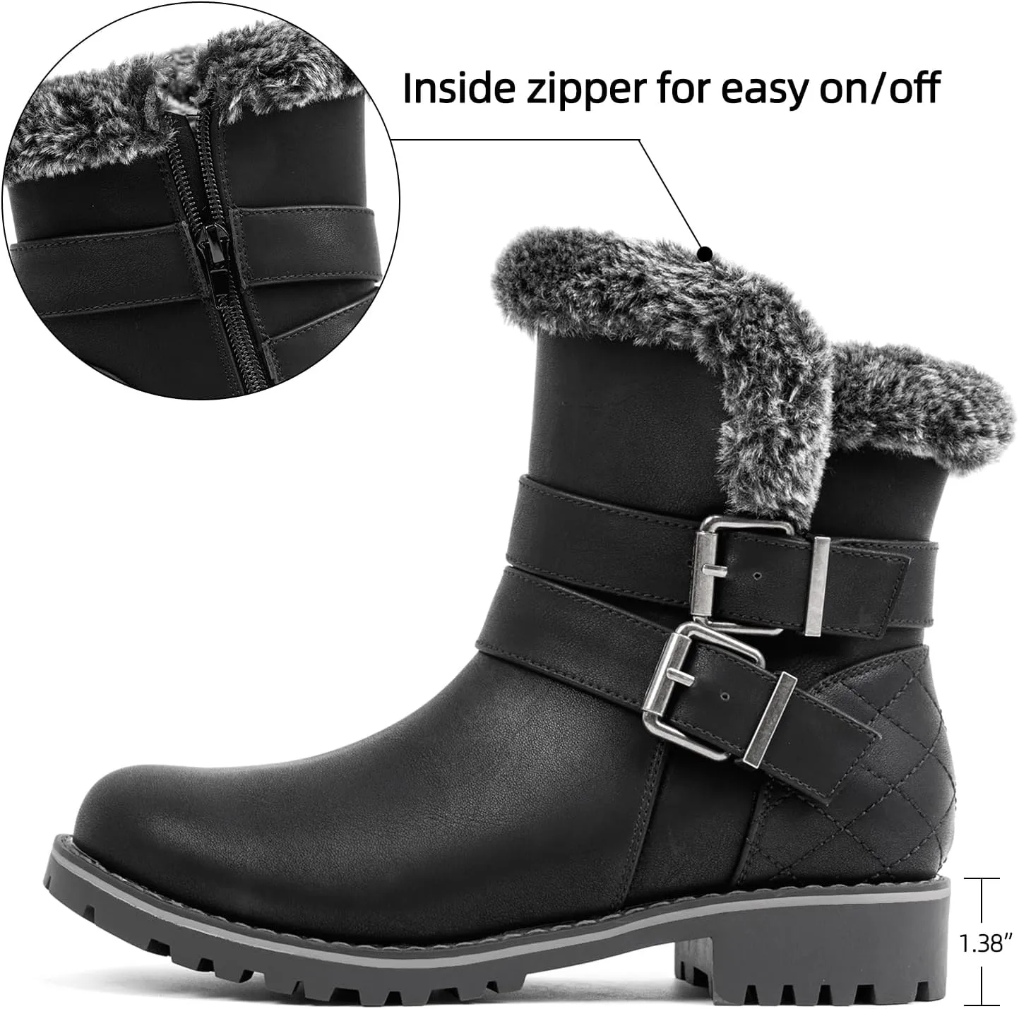 VJH confort Women's Mid Calf Boots, Slouchy Buckle Straps Side Zipper Comfy Low Heel Closed Toe Booties