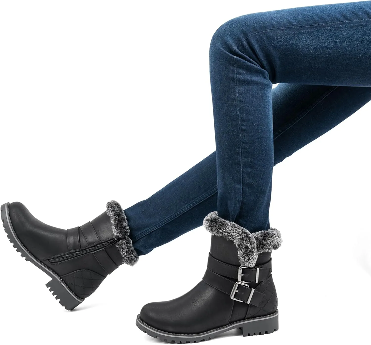 VJH confort Women's Mid Calf Boots, Slouchy Buckle Straps Side Zipper Comfy Low Heel Closed Toe Booties