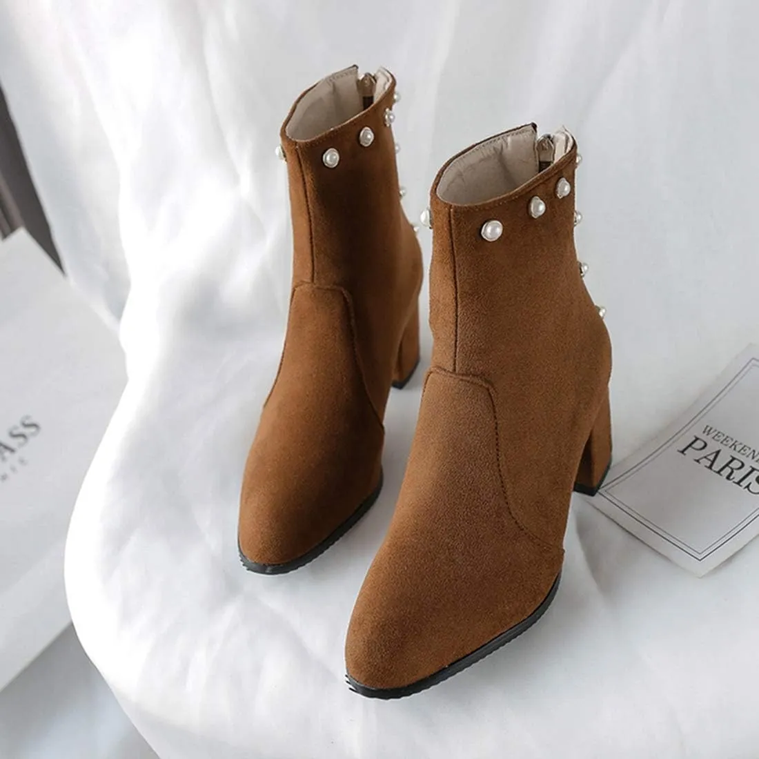 VOKLIN Women's Chunky Block Heel Dress Ankle Boots Suede Round Toe Zipper Booties Studded Pearls Short Boot