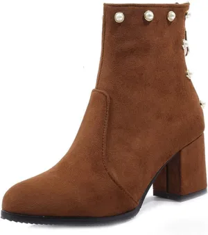 VOKLIN Women's Chunky Block Heel Dress Ankle Boots Suede Round Toe Zipper Booties Studded Pearls Short Boot