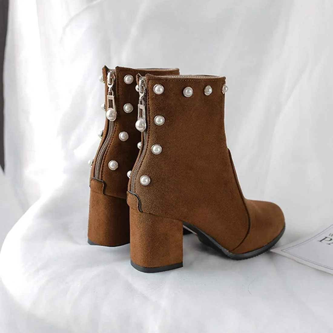 VOKLIN Women's Chunky Block Heel Dress Ankle Boots Suede Round Toe Zipper Booties Studded Pearls Short Boot