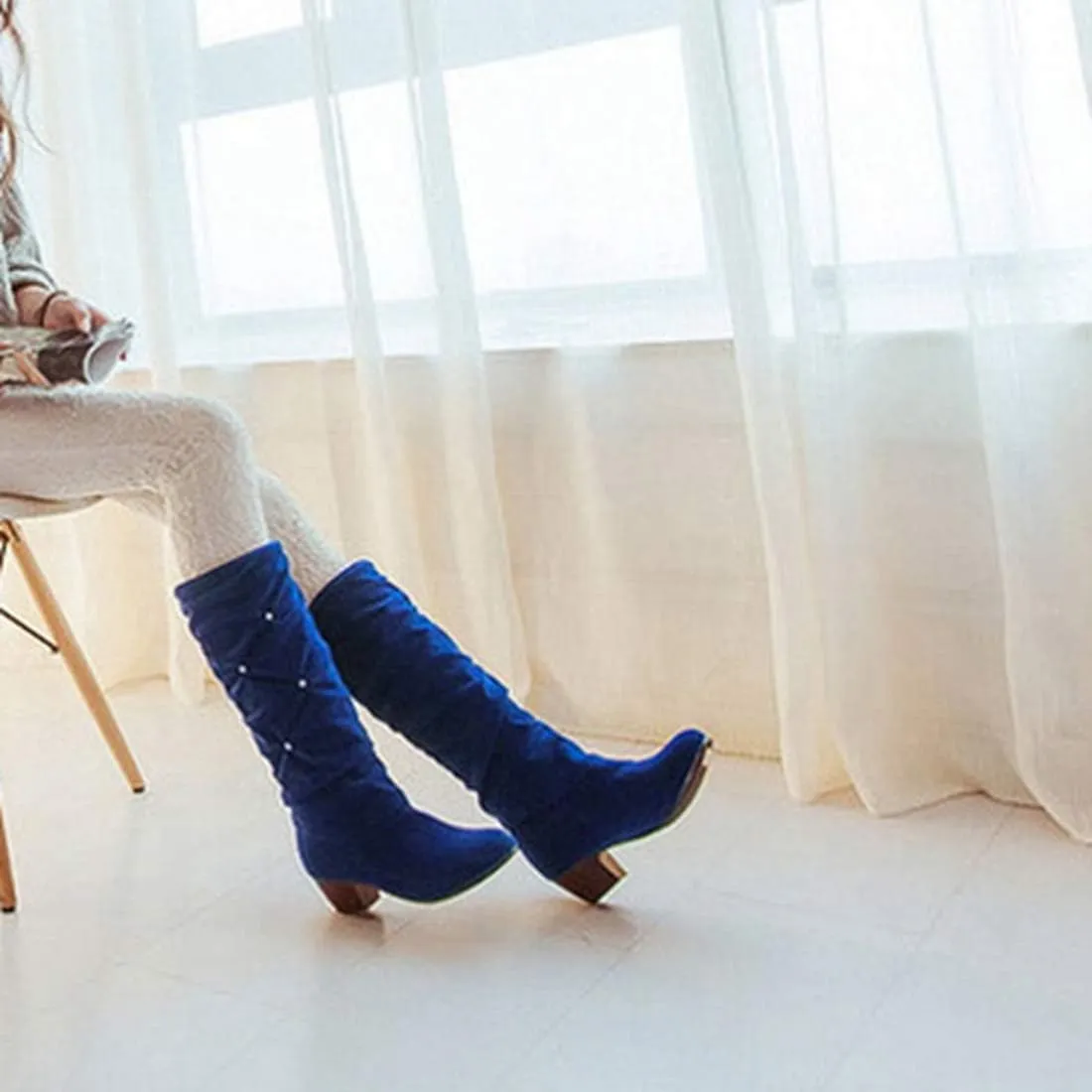 VOKLIN Women's Fashion Slouch Mid Calf Riding Boots With Rhinestone Round Toe Suede Cozy Low Heel Dress Boot