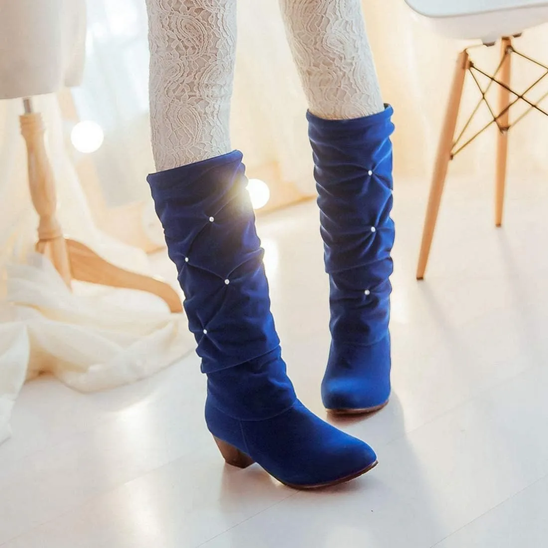 VOKLIN Women's Fashion Slouch Mid Calf Riding Boots With Rhinestone Round Toe Suede Cozy Low Heel Dress Boot