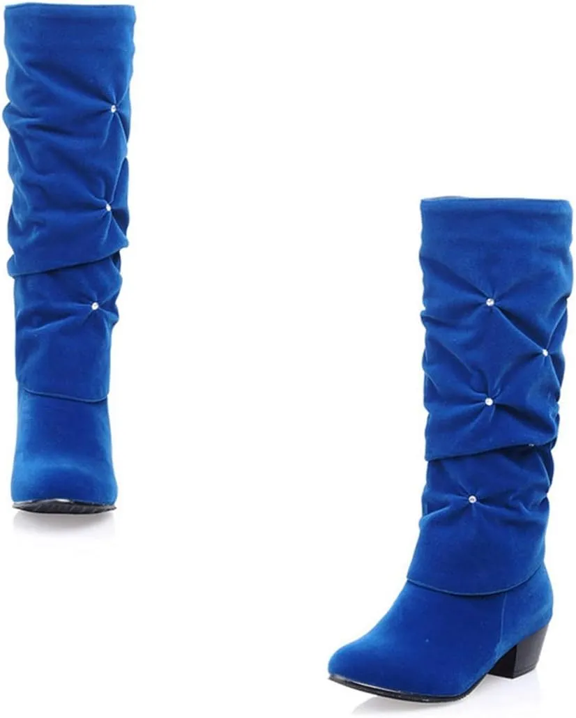 VOKLIN Women's Fashion Slouch Mid Calf Riding Boots With Rhinestone Round Toe Suede Cozy Low Heel Dress Boot
