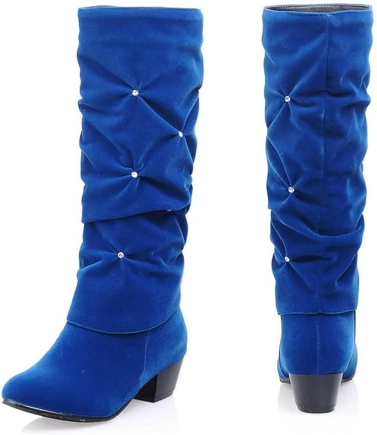 VOKLIN Women's Fashion Slouch Mid Calf Riding Boots With Rhinestone Round Toe Suede Cozy Low Heel Dress Boot