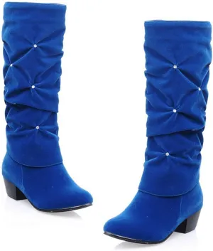 VOKLIN Women's Fashion Slouch Mid Calf Riding Boots With Rhinestone Round Toe Suede Cozy Low Heel Dress Boot