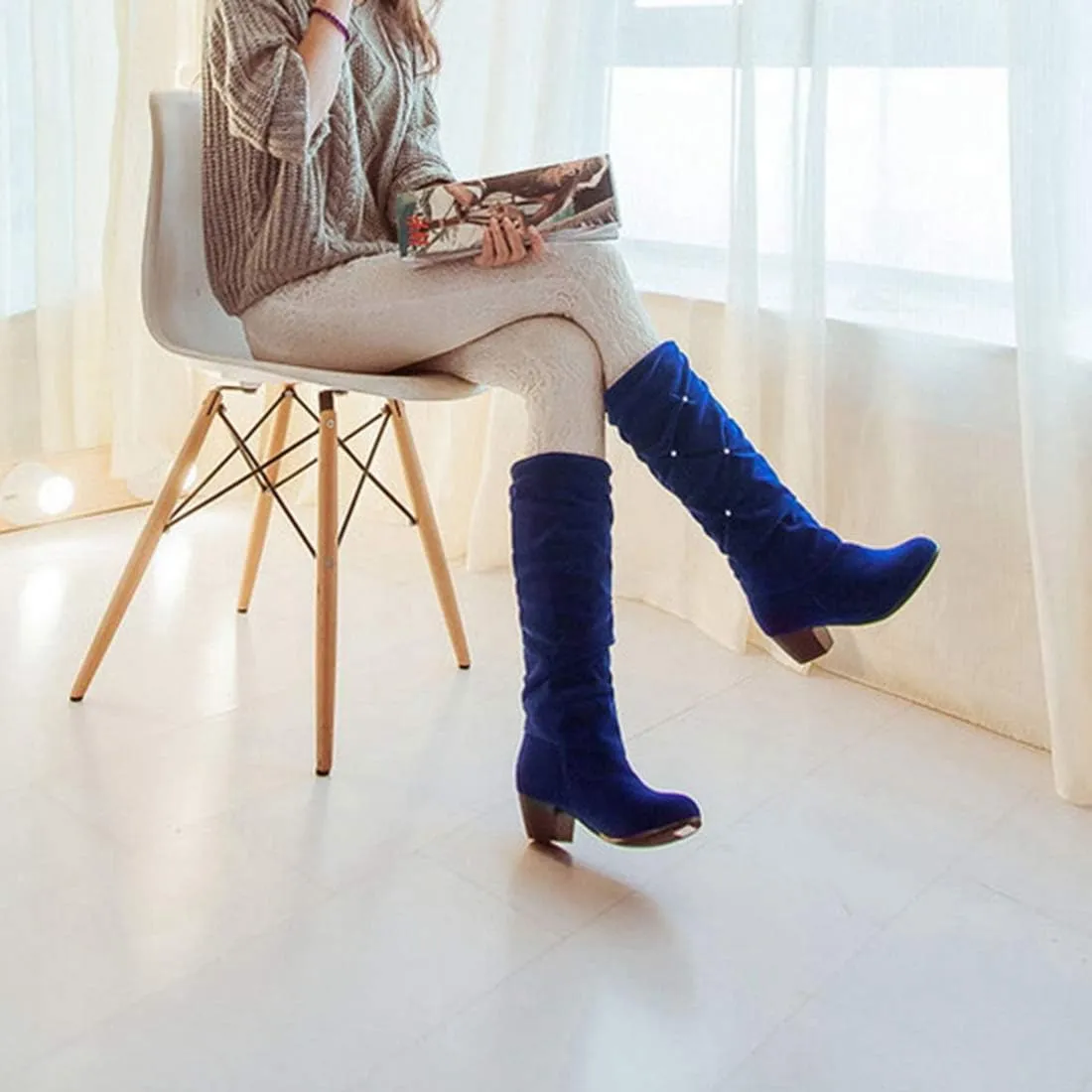VOKLIN Women's Fashion Slouch Mid Calf Riding Boots With Rhinestone Round Toe Suede Cozy Low Heel Dress Boot