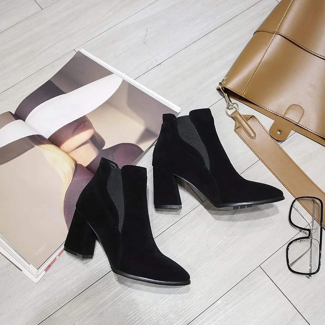 VOKLIN Women's Pointy Toe Chunky High Heel Dressy Ankle Boots Elastic Side Panel Chelsea Dress Short Booties