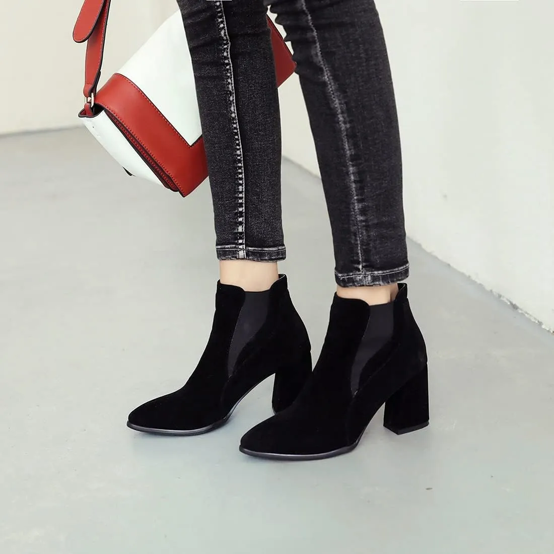 VOKLIN Women's Pointy Toe Chunky High Heel Dressy Ankle Boots Elastic Side Panel Chelsea Dress Short Booties