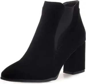 VOKLIN Women's Pointy Toe Chunky High Heel Dressy Ankle Boots Elastic Side Panel Chelsea Dress Short Booties