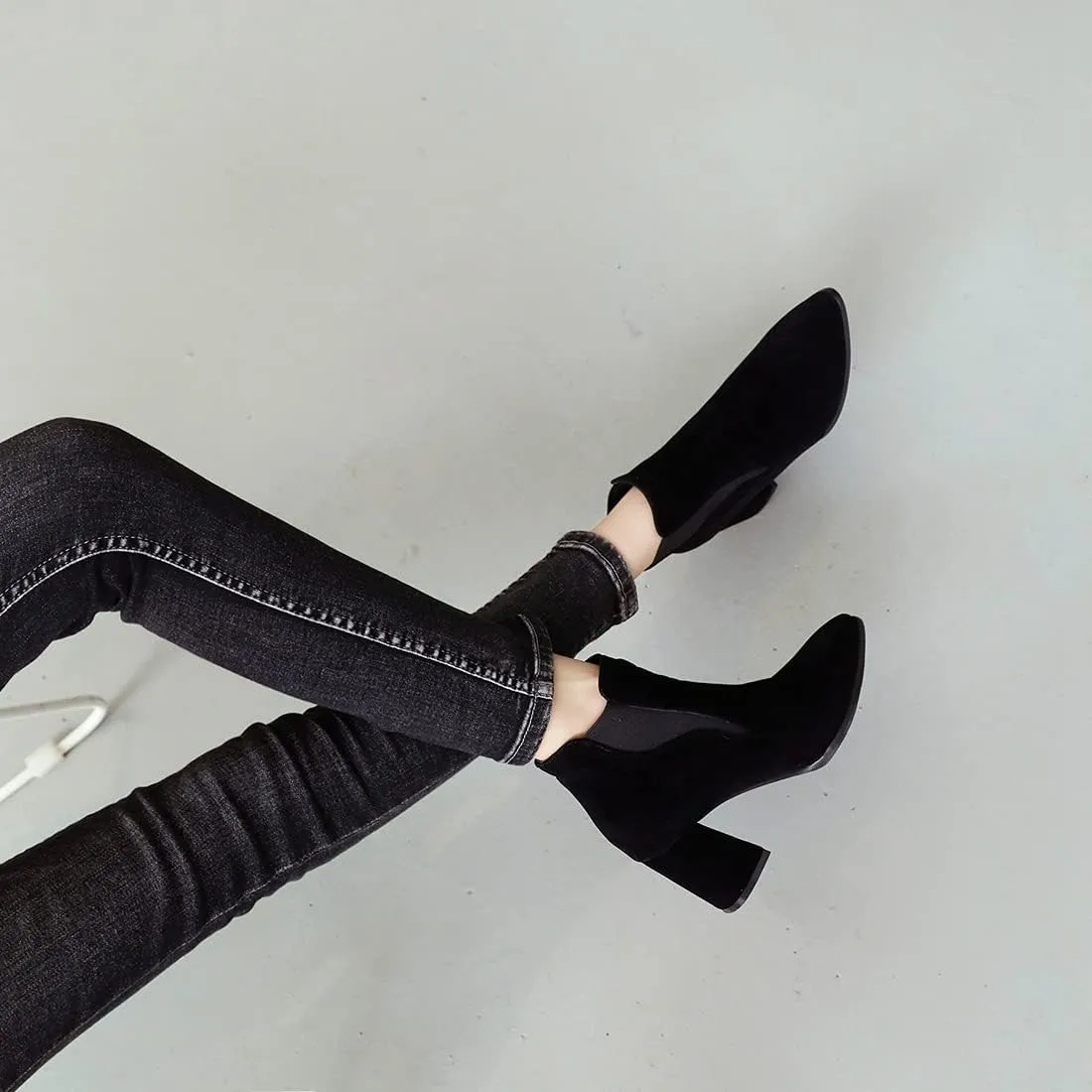 VOKLIN Women's Pointy Toe Chunky High Heel Dressy Ankle Boots Elastic Side Panel Chelsea Dress Short Booties