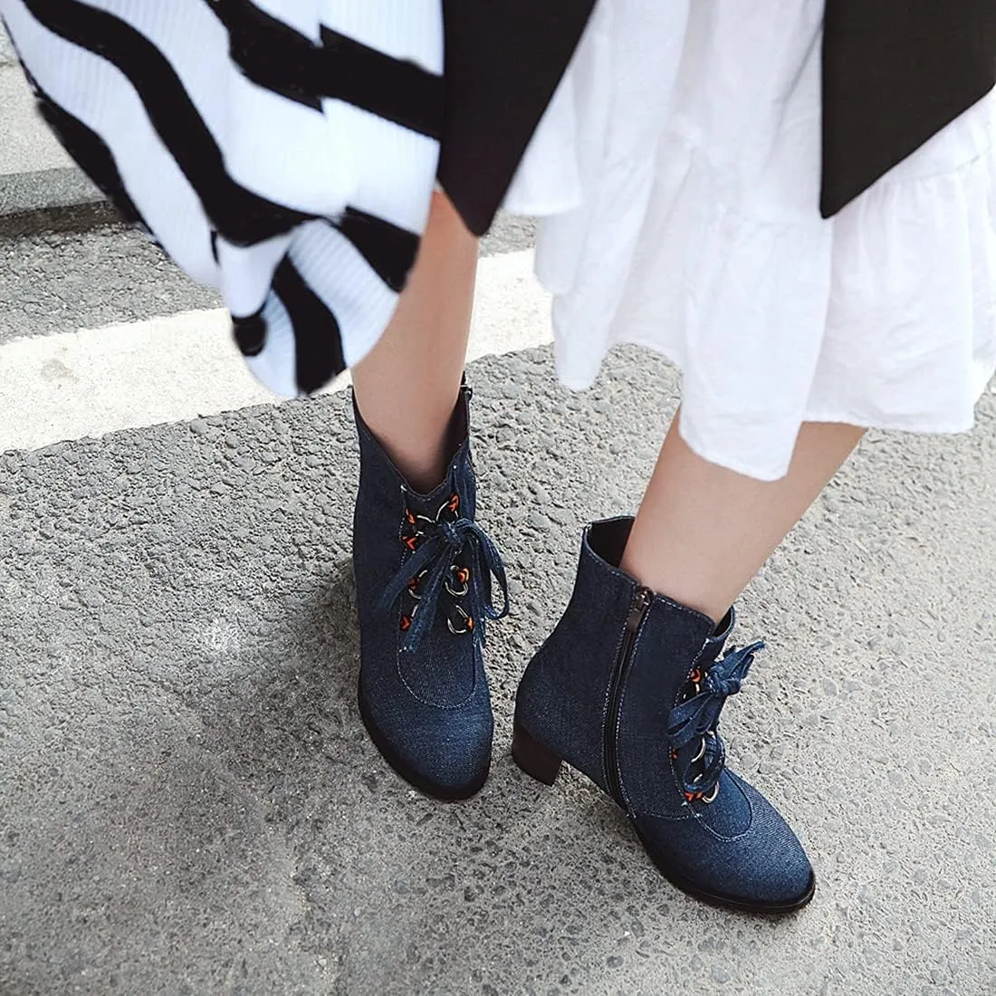 VOKLIN Women's Round Toe Denim Dressy Ankle Boots Lace Up Zipper Chunky Block Mid Heel Western Short Booties