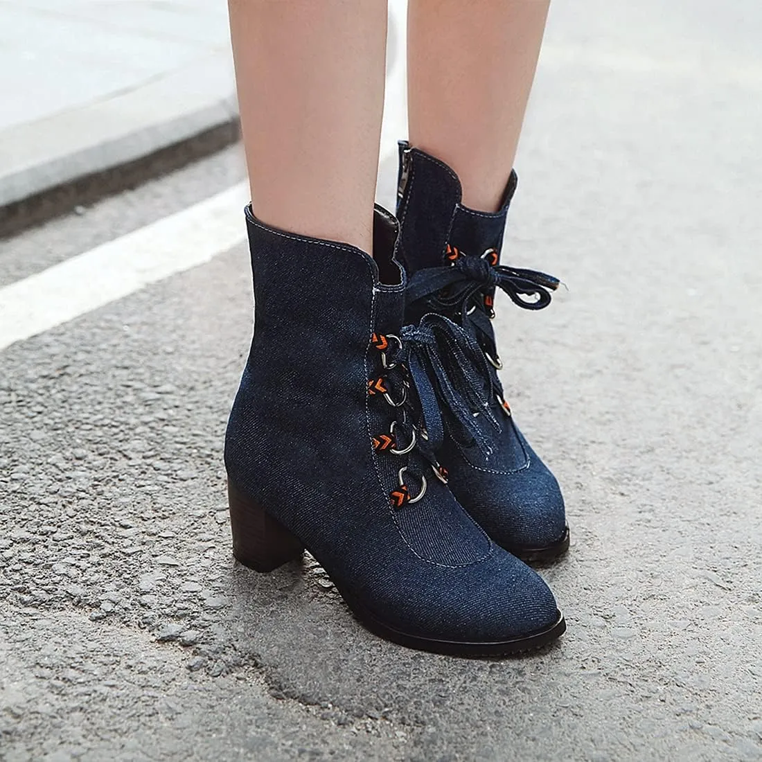 VOKLIN Women's Round Toe Denim Dressy Ankle Boots Lace Up Zipper Chunky Block Mid Heel Western Short Booties