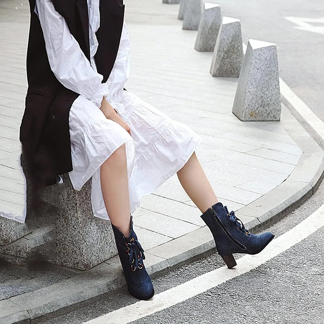 VOKLIN Women's Round Toe Denim Dressy Ankle Boots Lace Up Zipper Chunky Block Mid Heel Western Short Booties