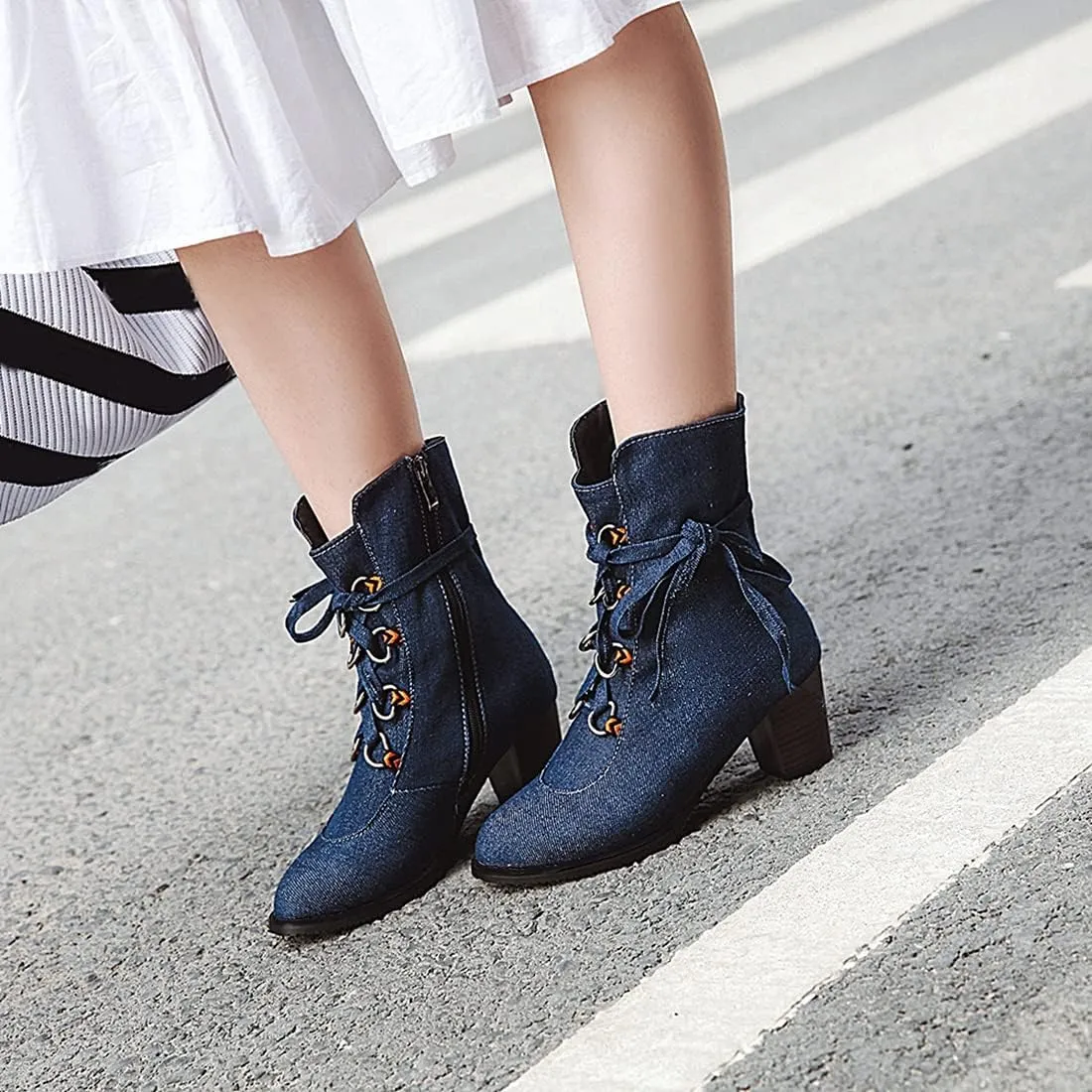 VOKLIN Women's Round Toe Denim Dressy Ankle Boots Lace Up Zipper Chunky Block Mid Heel Western Short Booties