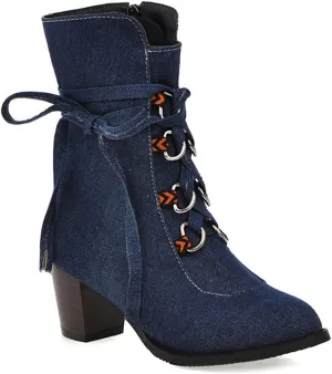 VOKLIN Women's Round Toe Denim Dressy Ankle Boots Lace Up Zipper Chunky Block Mid Heel Western Short Booties