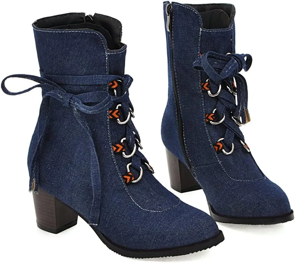 VOKLIN Women's Round Toe Denim Dressy Ankle Boots Lace Up Zipper Chunky Block Mid Heel Western Short Booties