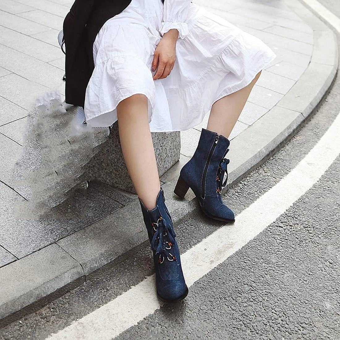 VOKLIN Women's Round Toe Denim Dressy Ankle Boots Lace Up Zipper Chunky Block Mid Heel Western Short Booties