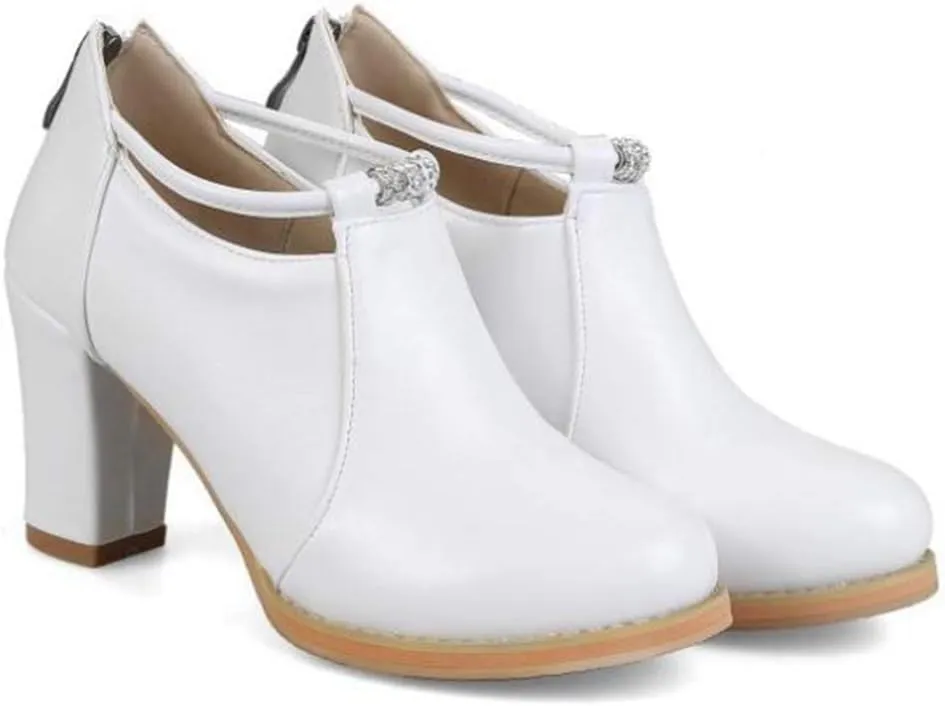 VOKLIN Women's Round Toe Dressy Ankle Booties Leather Pump Oxford Shoes Chunky Block High Heels Short Boots
