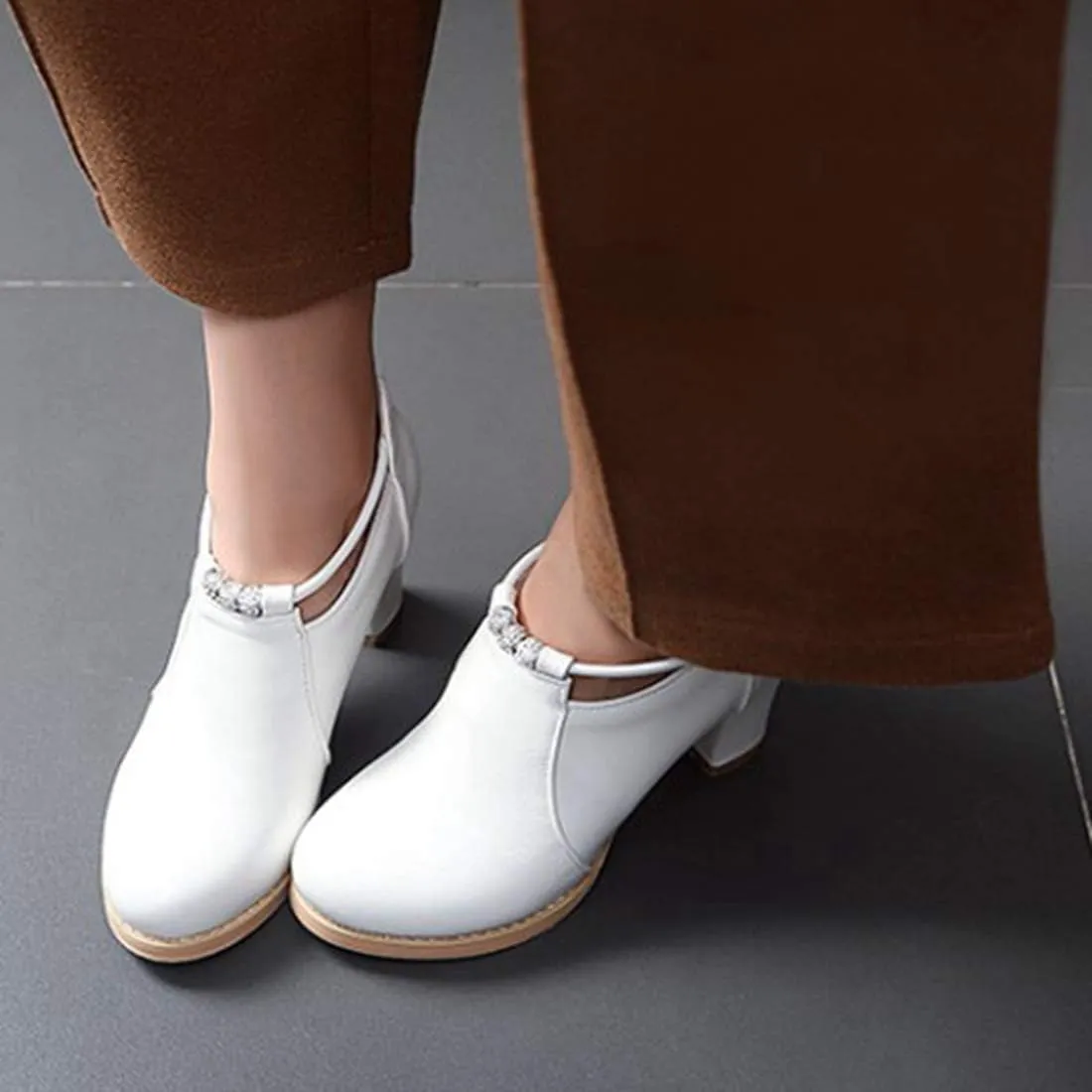 VOKLIN Women's Round Toe Dressy Ankle Booties Leather Pump Oxford Shoes Chunky Block High Heels Short Boots