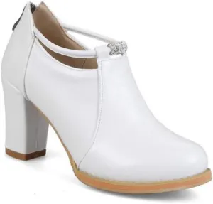 VOKLIN Women's Round Toe Dressy Ankle Booties Leather Pump Oxford Shoes Chunky Block High Heels Short Boots