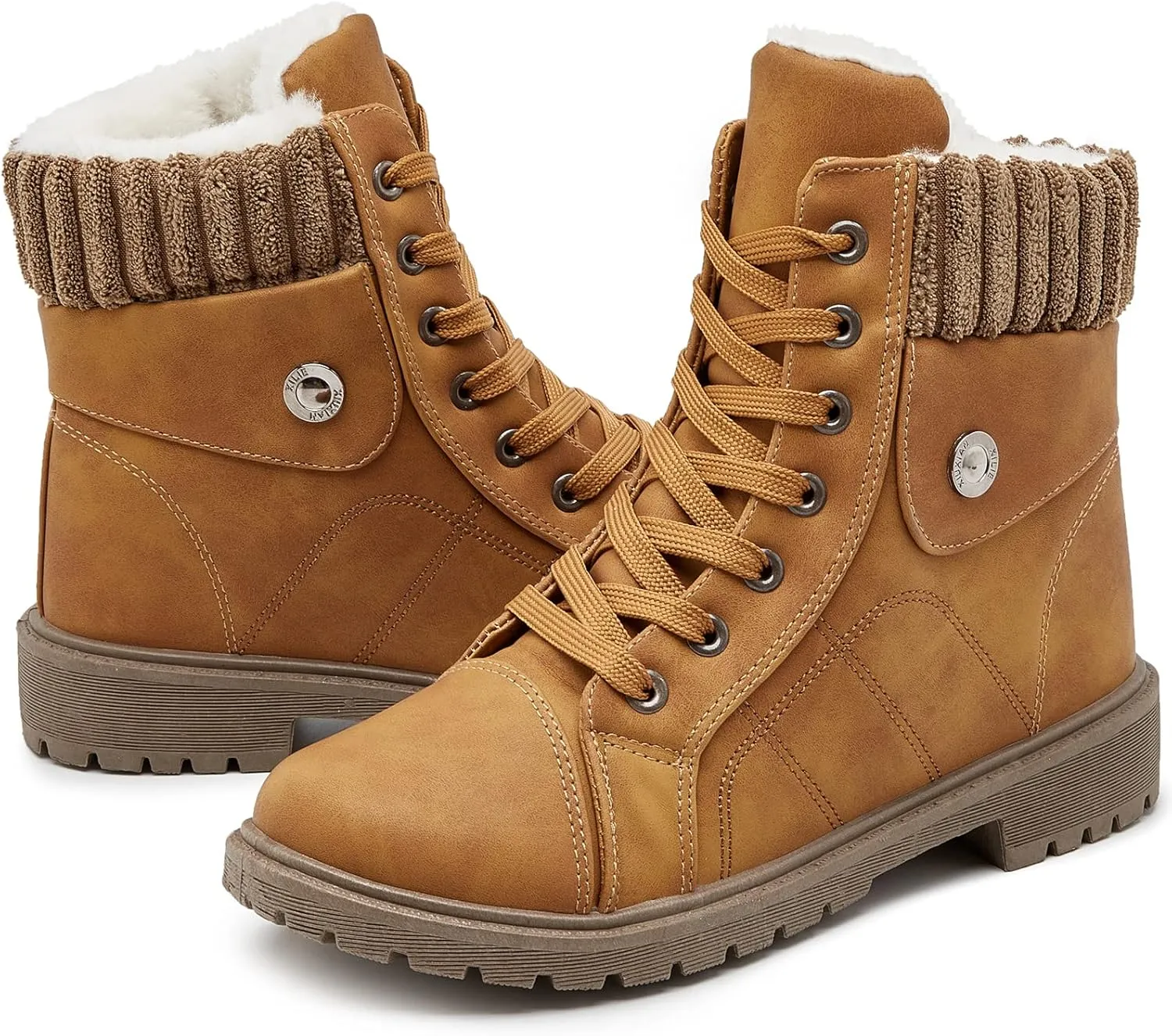 Waluzs Women's White & Black Ankle Combat Boots - Fuzzy Lace Up Snow Boots For Winter