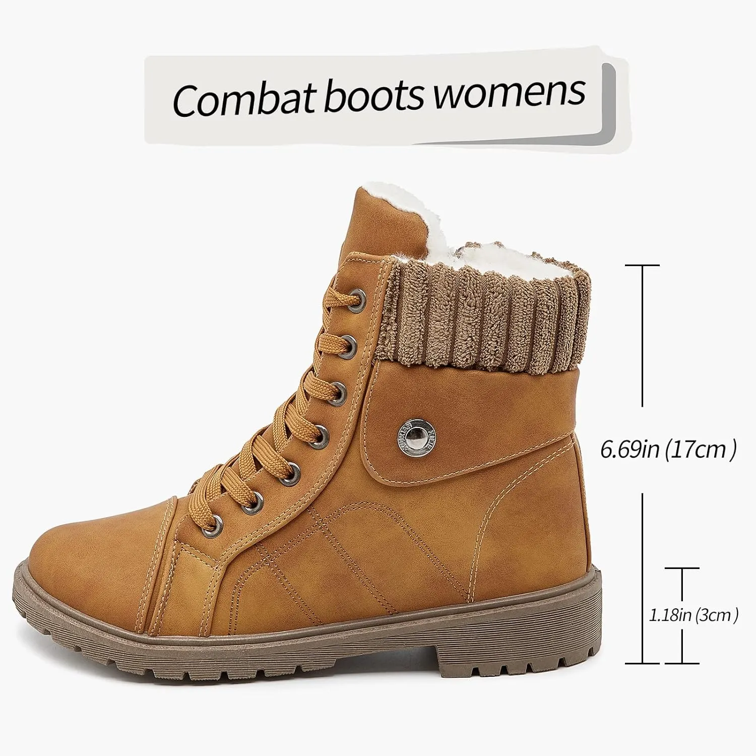 Waluzs Women's White & Black Ankle Combat Boots - Fuzzy Lace Up Snow Boots For Winter