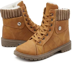 Waluzs Women's White & Black Ankle Combat Boots - Fuzzy Lace Up Snow Boots For Winter