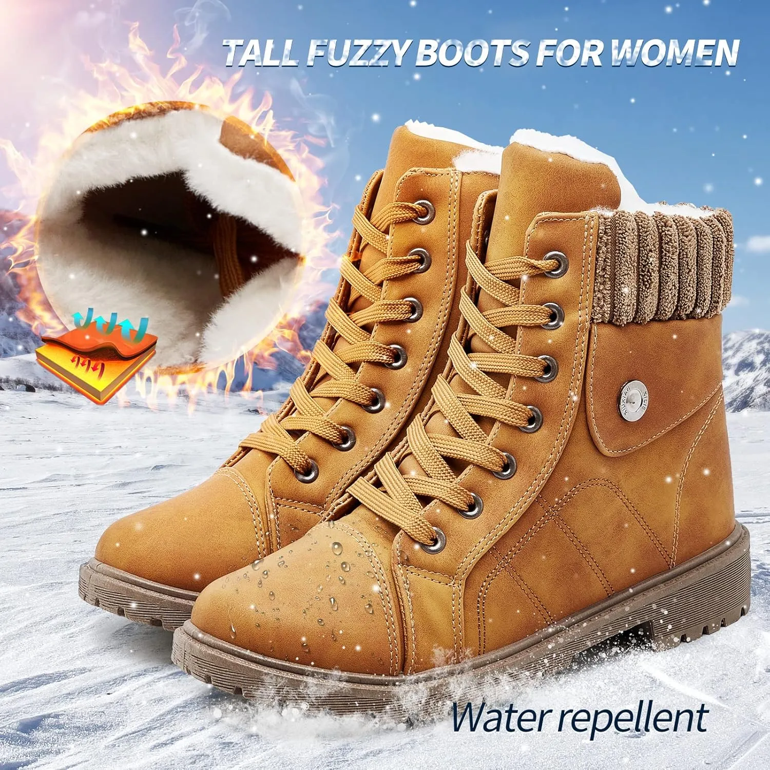 Waluzs Women's White & Black Ankle Combat Boots - Fuzzy Lace Up Snow Boots For Winter
