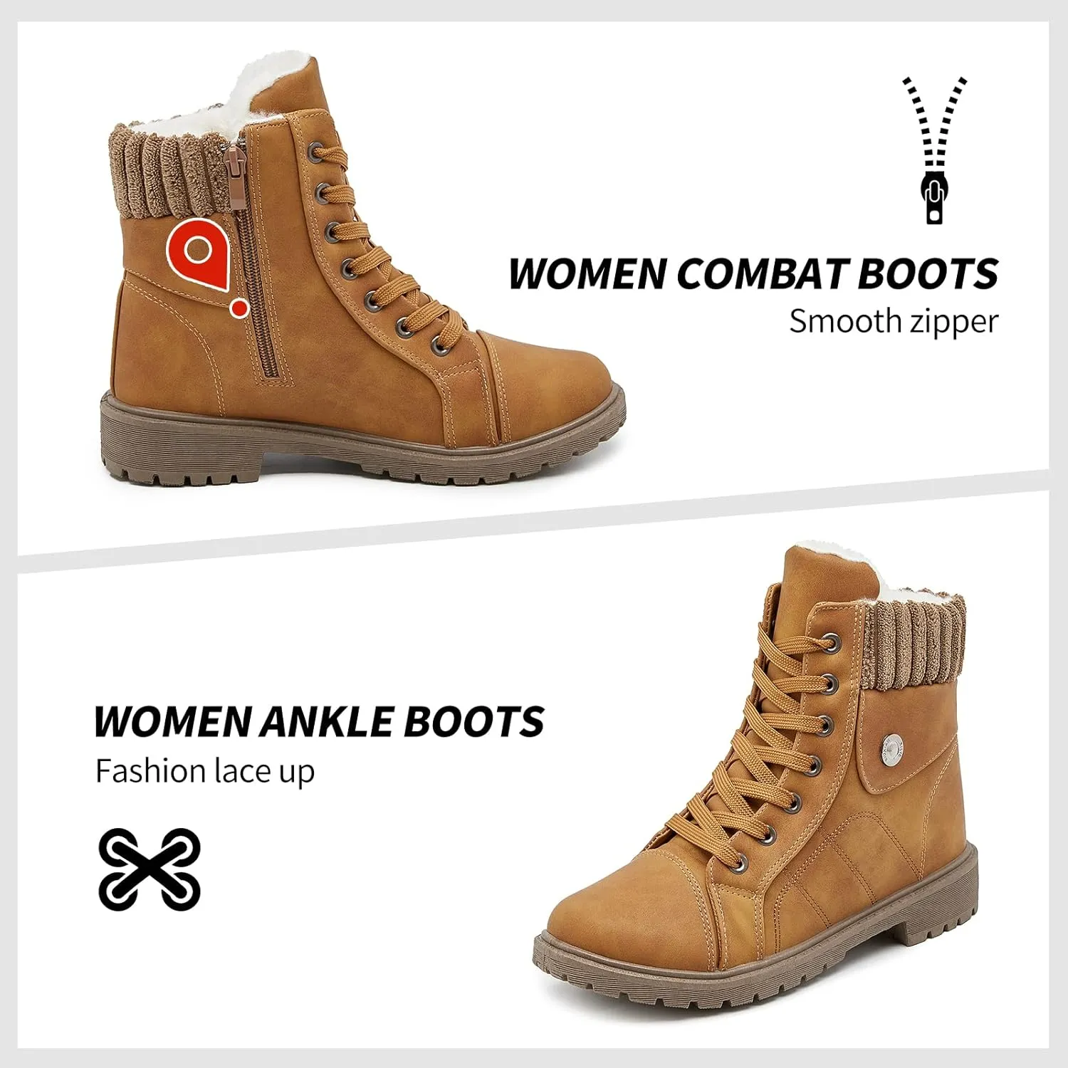 Waluzs Women's White & Black Ankle Combat Boots - Fuzzy Lace Up Snow Boots For Winter